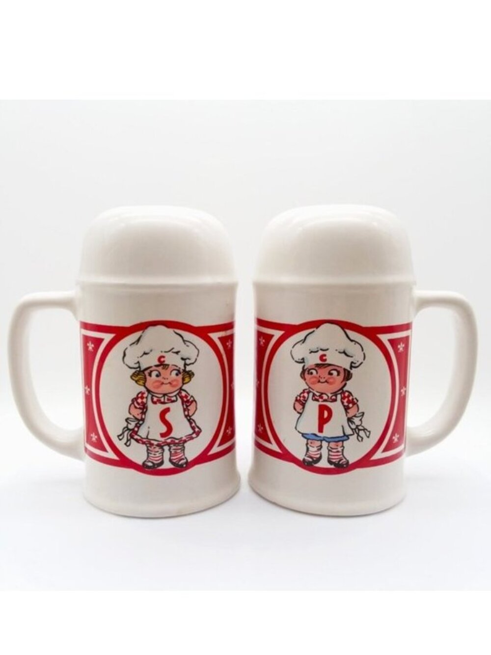 Salt Pepper Shakers Campbell's Soup Kids Set Handles Large VTG Twins Retro Large